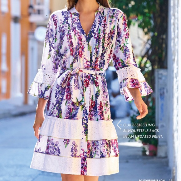 NWT Boston Proper Wisteria Wonder White Eyelet Inset Tier A Line Floral Dress 16 - Picture 1 of 16